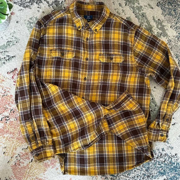 Y2K George Men’s XL Plaid Button-Up Flannel Shirt Yellow and Brown Pockets - Picture 8 of 15